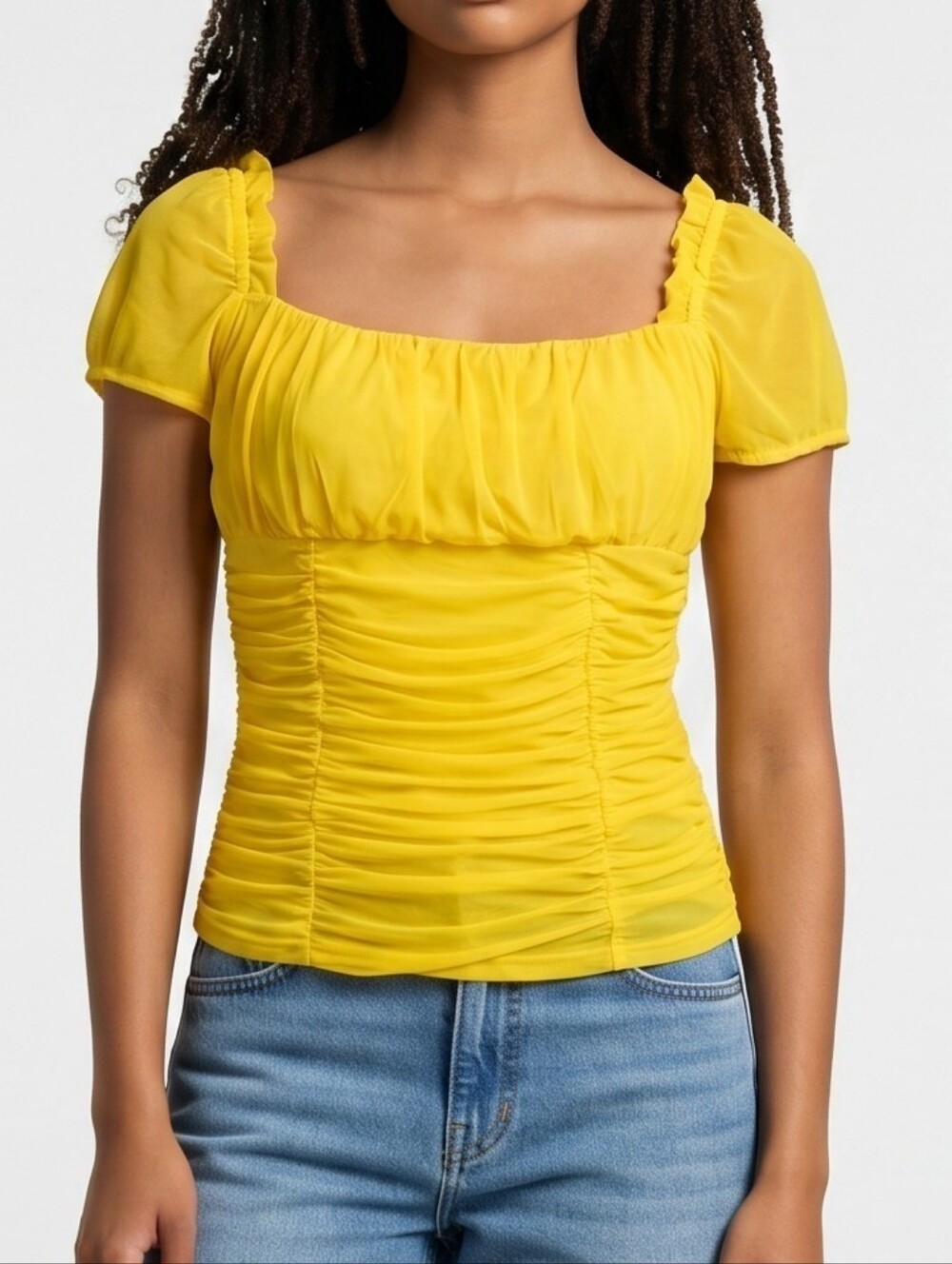 VENUS Bright Yellow Ruched Square-Neck Top